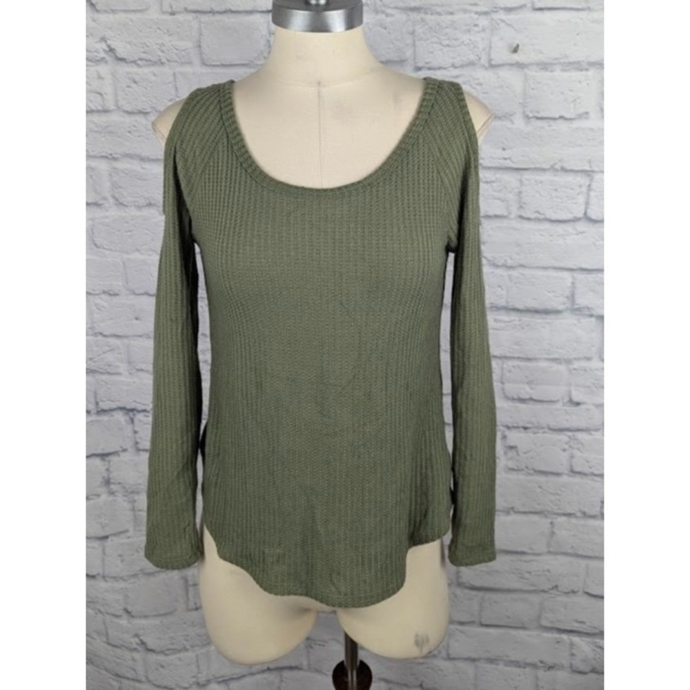 Self E Juniors Waffle Knit Pullover Sweater Green Size XS Cold Shoulder